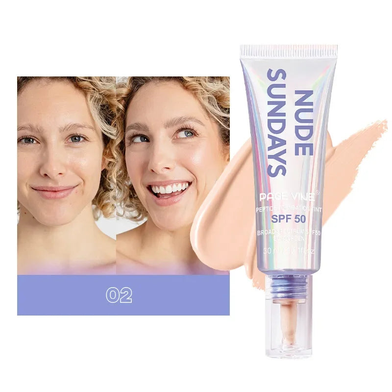 PAGE VINE Peptide Foundation Tint SPF50 Flawless Foundation Oil Control Concealer Non-Flaking Full Coverage Hydrating Makeup Hot