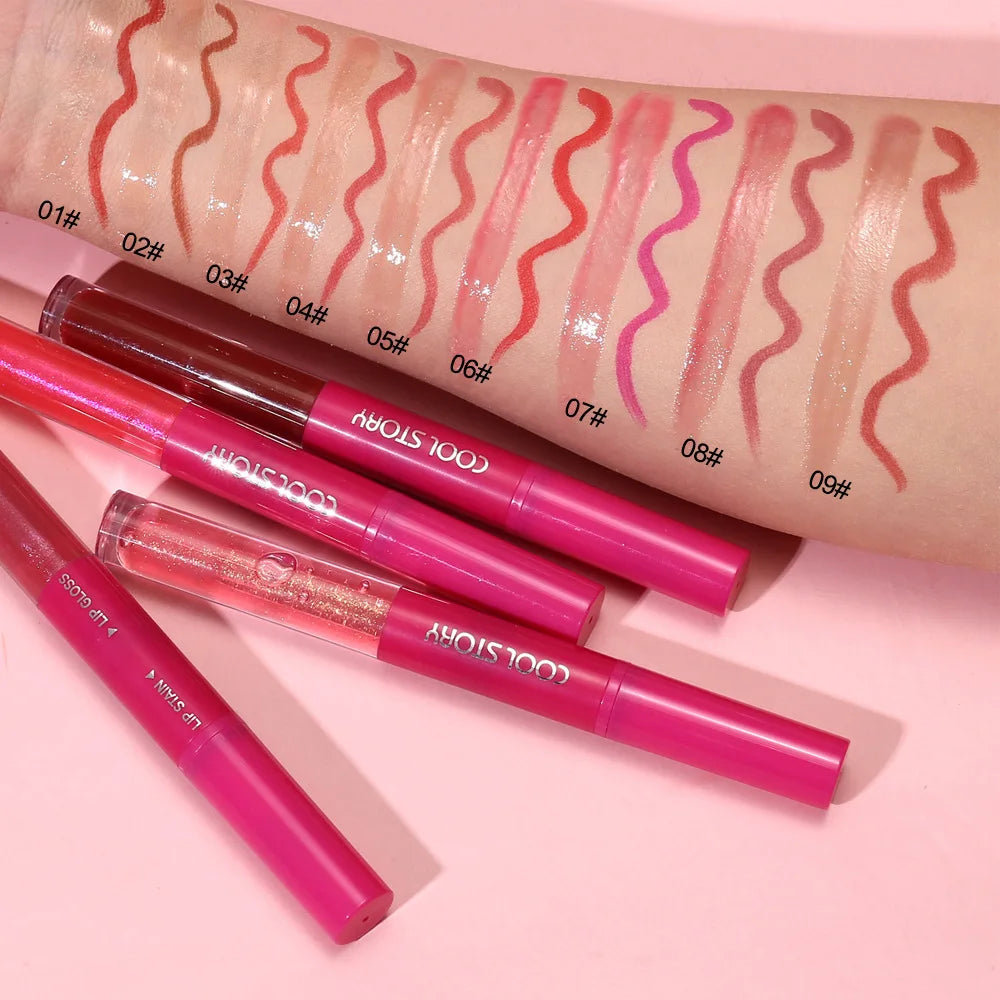 2 in 1 Matte Lip Liner Mirror Lip Gloss Waterproof Plumping Stain Hydrating Shiny Transparent Lip Oil Jelly Lips Contour Makeup