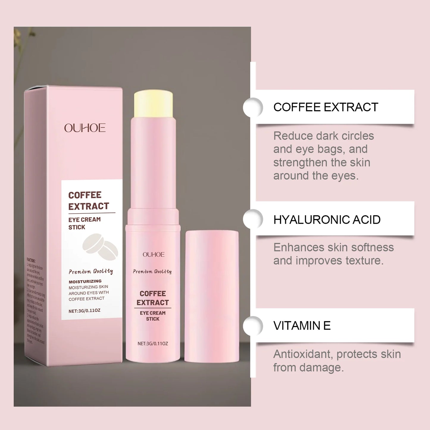 OUHOE Eye Cream Stick, Hyaluronic Acid, Tocopherol, Glycerin, Eye Area, Tightening and Moisturizing, 3.00g