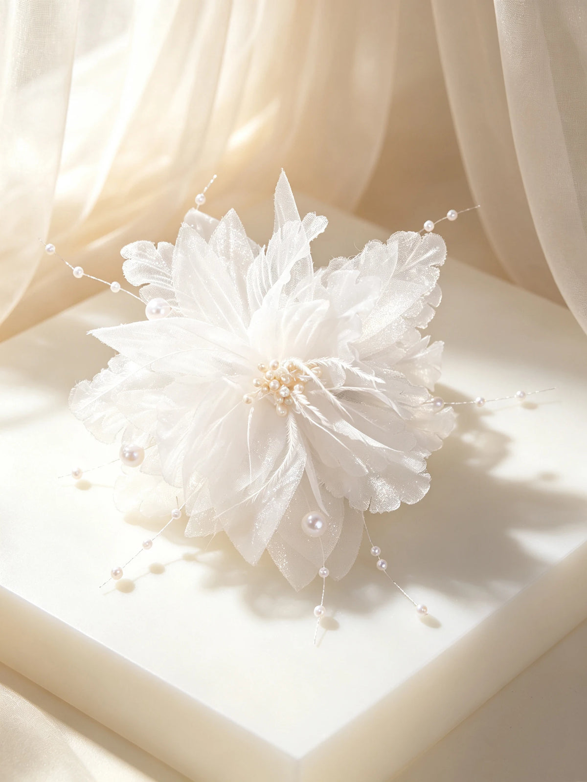 Nude Pink Fabric Flower Hairpin with Pearl Feather Edge Clip, Bridal Wedding Dress Hair Accessory, Bridesmaid Dress Photo Shoot Fairy-Like Side Hair Ornament