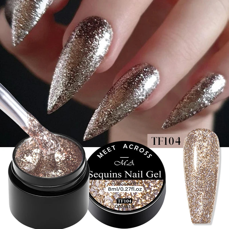 MEET ACROSS 8ml Pink Glitter Sequins Gel Nail Polish Shiny Sparkling Platinum Semi Permanant Soak Off Nail Art Varnish Manicure