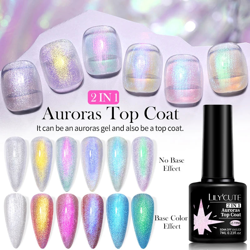 LILYCUTE 7ML 2 IN 1 Auroras Top Coat Glitter Pink Purple Auroras Laser Gel Nail Polish DIY Semi Permanent Soak Off Nail Art
