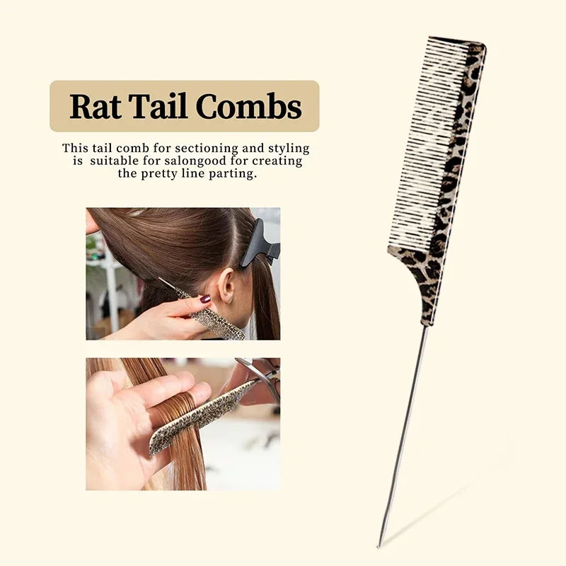 1/2/3pcs Leopard Pattern Rat Tail Hair Comb Metal Pointed Tail Fine Tooth Comb Professional Hair Styling Sectioning Tool Salon