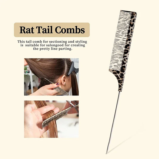 1/2/3pcs Leopard Pattern Rat Tail Hair Comb Metal Pointed Tail Fine Tooth Comb Professional Hair Styling Sectioning Tool Salon