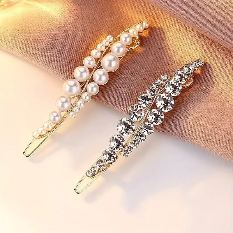 2pcs Elegant Leaf Design Hair Clips – Faux Pearl & Rhinestone Barrettes, Golden-Tone Alloy Hair Accessories for Women,