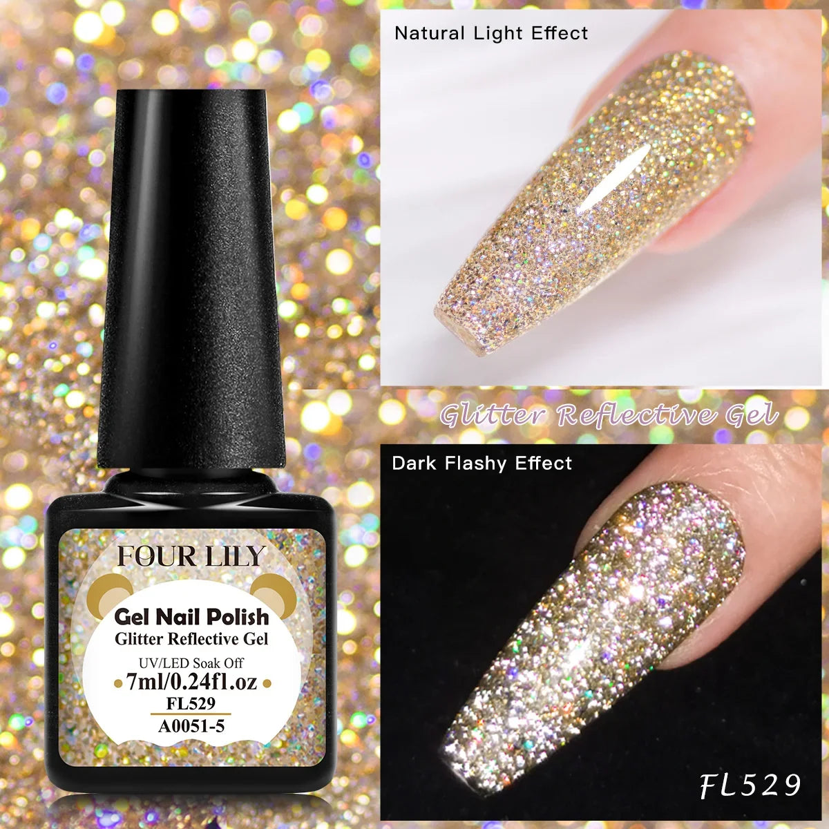 7ml Holographic Reflective Glitter Gel Nail Polish Champagne Gold Sliver Shiny Sparkling Sequins Soak Off UV LED Nail Varnish