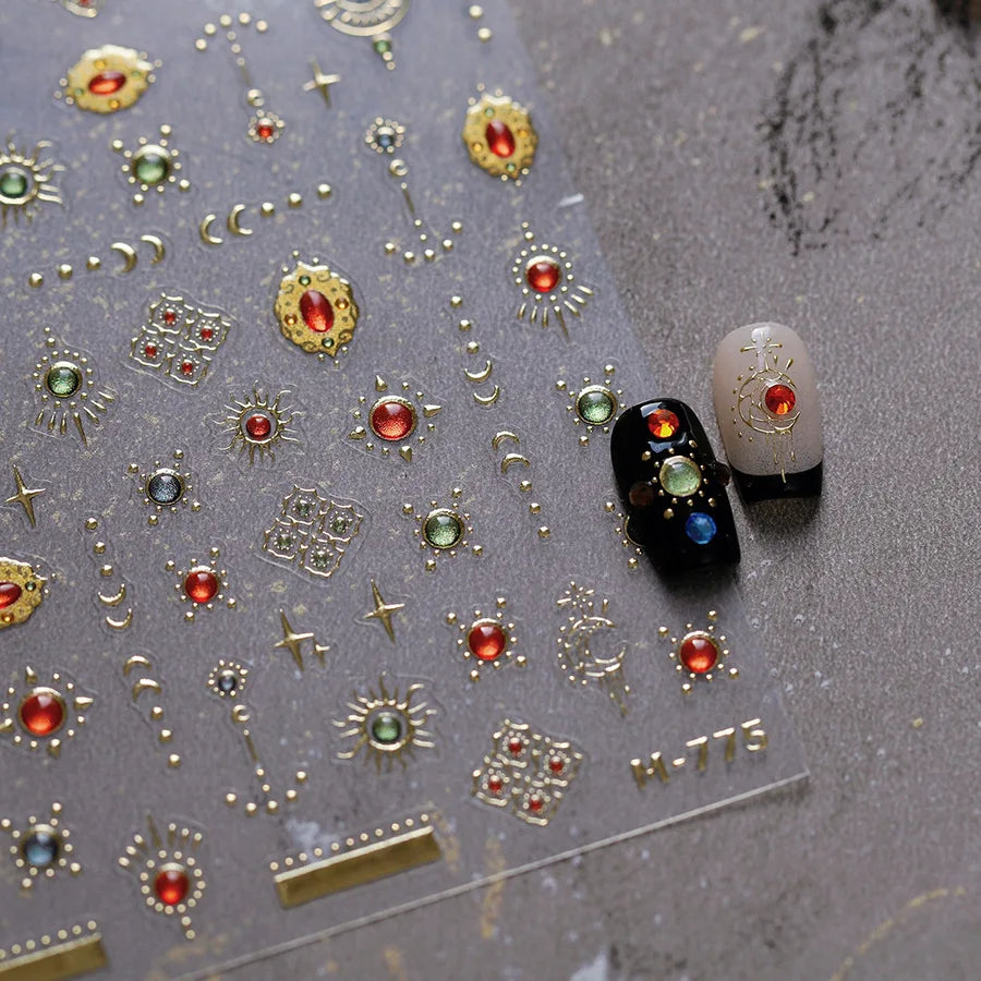 Elegant Gold Scepter 5D Nail Art Stickers Gorgeous Gemstone Luxury Courtly Pattern Necklace Frame Self Adhesive Manicure Decals