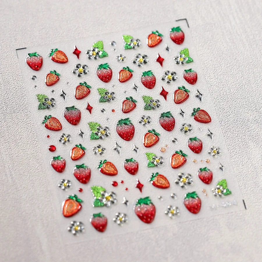 Pink Pudding Cherry Bowknot Heart shaped Star Claw Print Sweet Self Adhesive 5D Nail Art Decoration Sticker Manicure Decal DIY