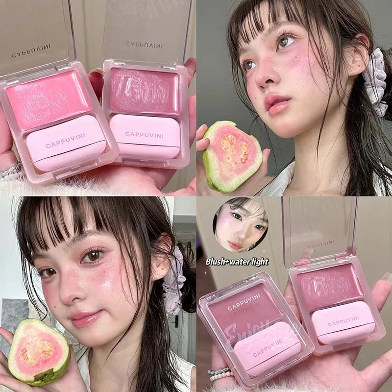 Orange Pink Blusher Plate with Puff Water Gloss Blush Cream Makeup Lasting Moisturizing Cheek Tint Rouge Portable Blush Cosmetic