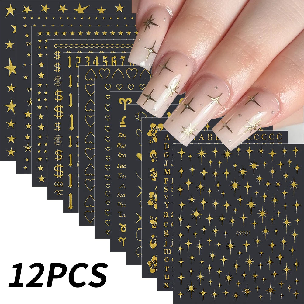 12Pcs 3D Gold Sliver Stars Nail Stickers Bronzing Starlight Nail Art Decals Self Adhesive Slider Decals DIY Nail Tips Decoration