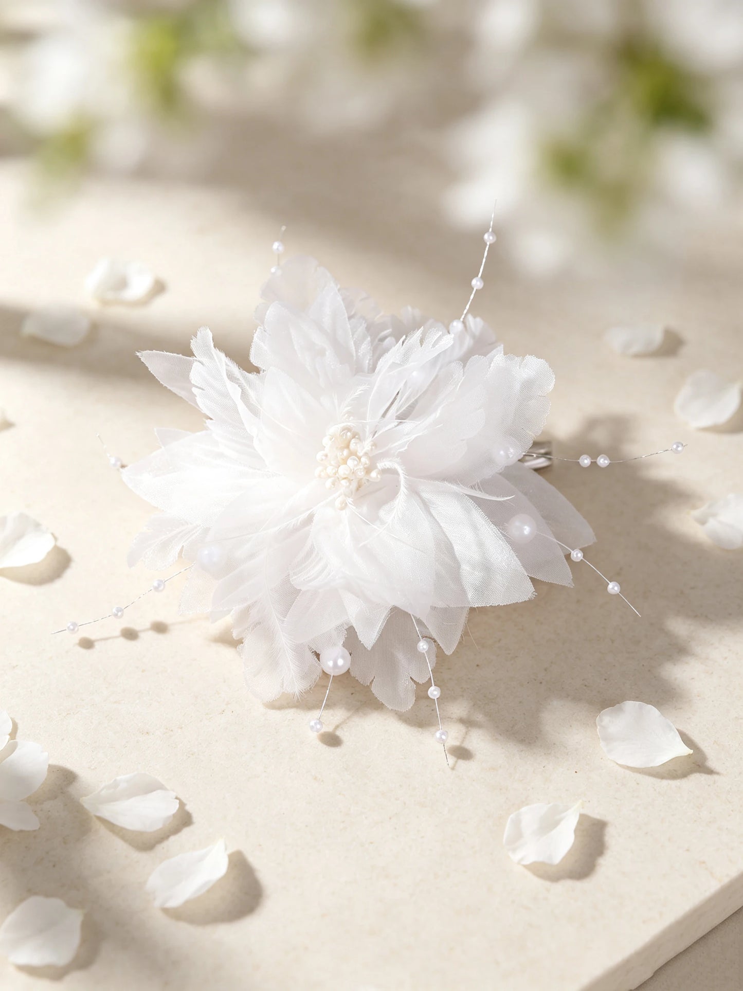 Nude Pink Fabric Flower Hairpin with Pearl Feather Edge Clip, Bridal Wedding Dress Hair Accessory, Bridesmaid Dress Photo Shoot Fairy-Like Side Hair Ornament