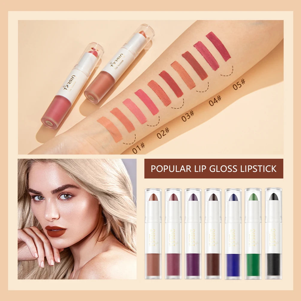 QIBEST 2 In 1 Matte Lipstick Lip Gloss Makeup Double Head Lip Satin Sexy Red Purple Lipgloss Long Lasting  Lip Tint Makeup