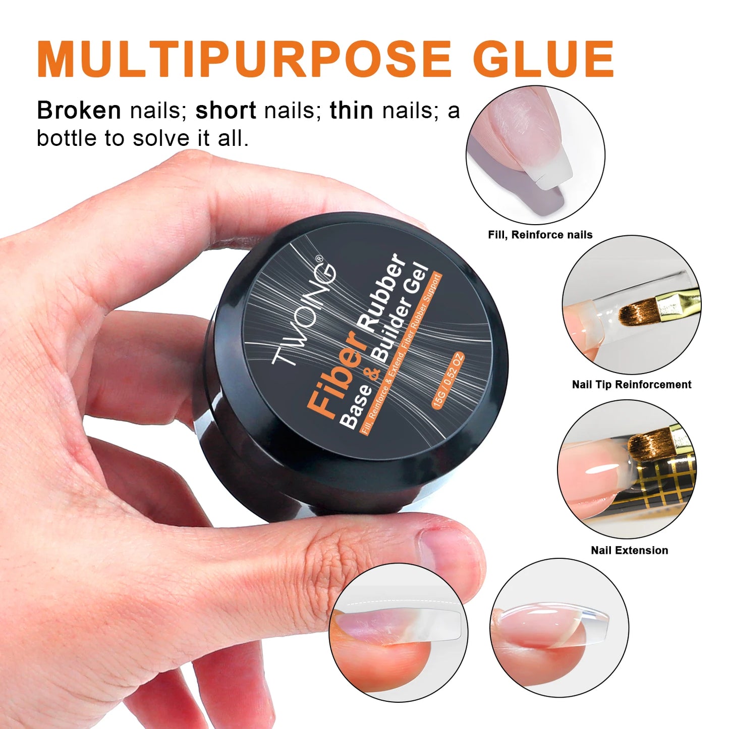 TWOING 15g Fiber Rubber Base Gel For Broken Nail Repaired Fiberglass Clear Quick Building Soak Off UV Construction Gel