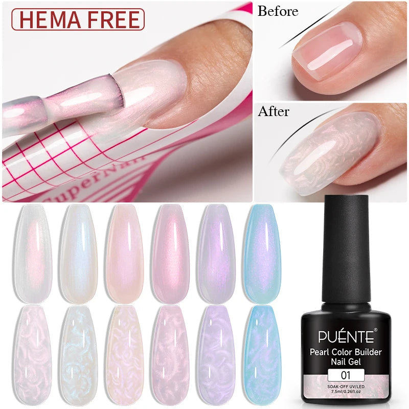 PUENTE Pearl Color Builder Nail Gel Polish Hema Free Shell Thread Glitter Nail Extension Semi-Permanent Construction Gel Varnish