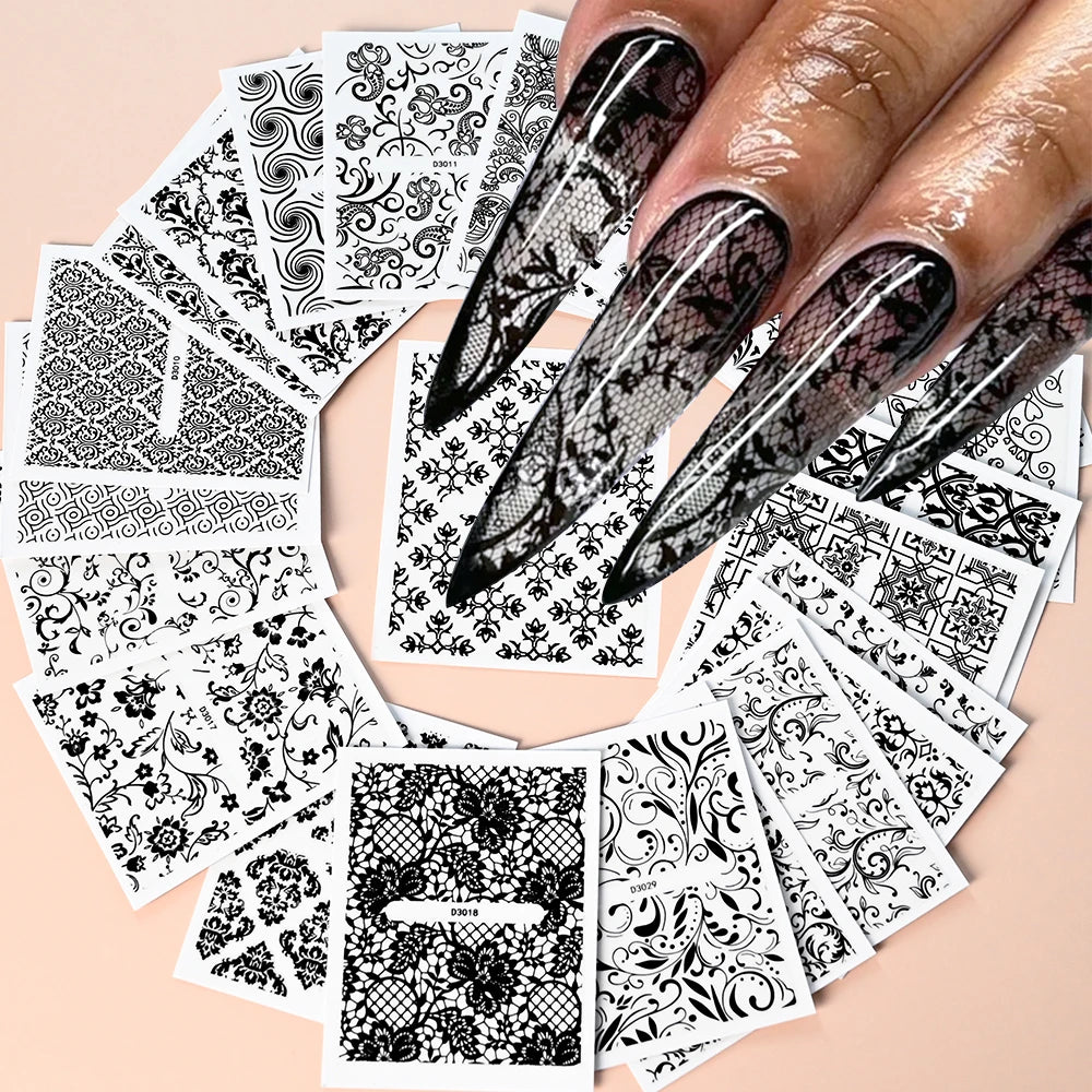 30pcs 5D Embossed Rose Golden Lace Floral Nail Stickers Retro Vine Flower Nail Decals 5.5*6.5cm Irregular Geometric Nail Sliders
