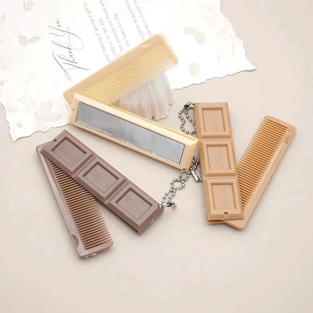 2 in 1 Folding Chocolate-Shaped Folding Comb with Mirror Portable Massage Comb Brush for Salon Travel Hair Smooth Styling Tools