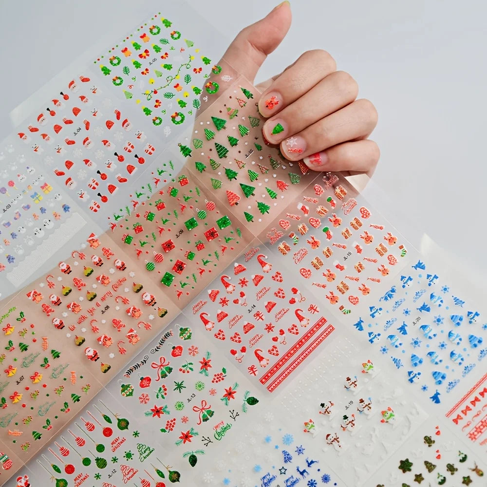 30pcs Festive Christmas Nail Art Stickers Set Self-Adhesive,Disposable Decals Reindeer Xmas Tree Designs Cute Semi-Matte Finish