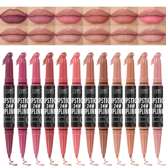 Waterproof Lipstick Lip Liner Contouring Crayon Non-stick Cup 2 IN 1 Double Headed Lipstick Matte Nude Sexy Lipliner Pen Makeup