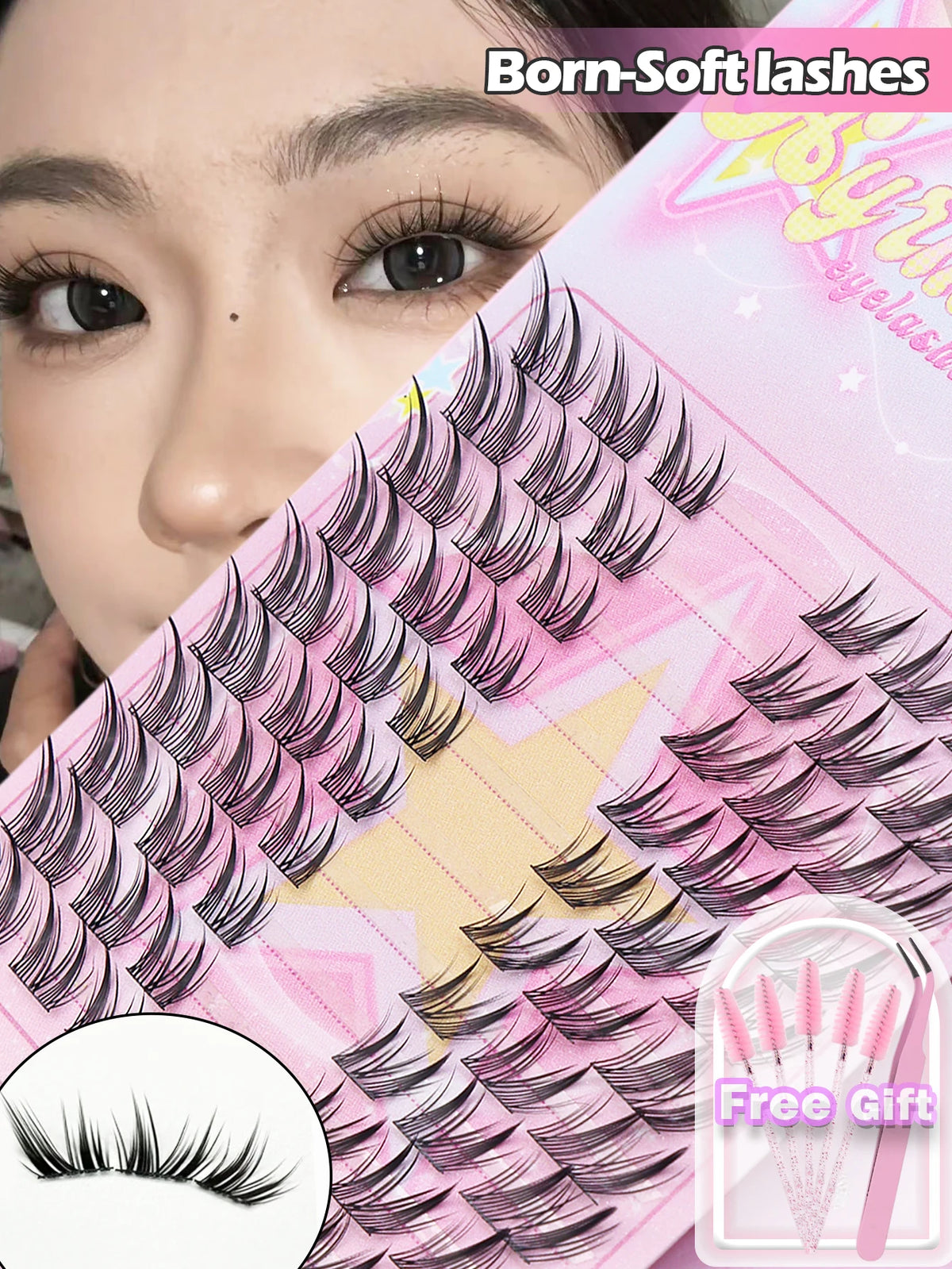 80 Clusters of Brown Natural Fox-Style Cat Eye False Eyelashes Makeup Tools, Natural Segmented Eyelash Bundles Makeup Tools