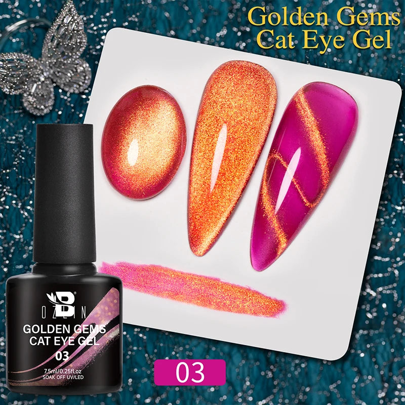 1- 6pc Golden Glitter Cat Magnetic Nail Gel Cat Eye Holographic Reflective Semi Permanent UV Gel Soak Off Sparkling Nail Art