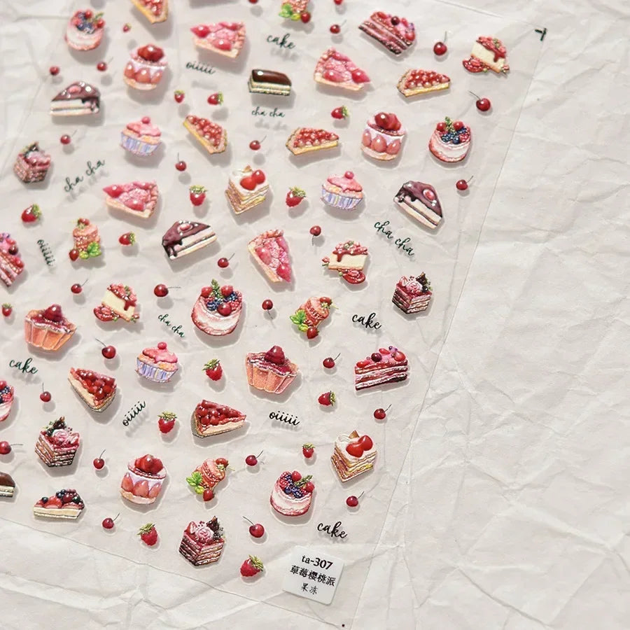 Pink Pudding Cherry Bowknot Heart shaped Star Claw Print Sweet Self Adhesive 5D Nail Art Decoration Sticker Manicure Decal DIY