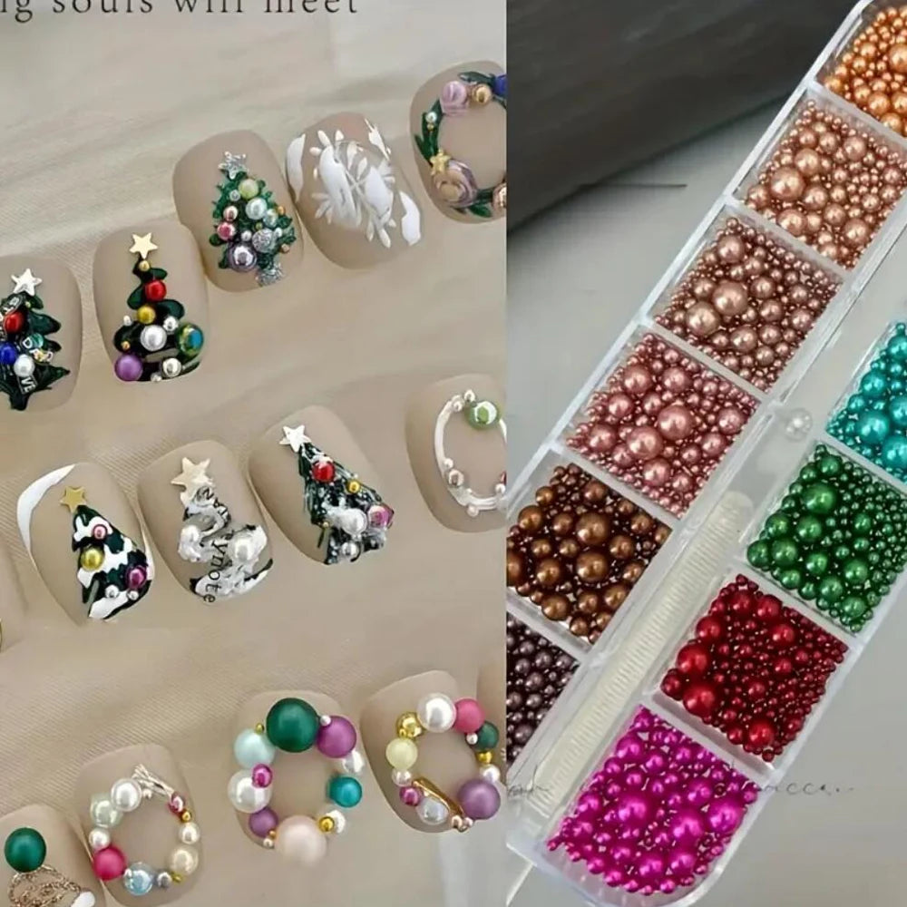 12Grids Christmas Red/Green Pearl Nail Rhinestone Mixed Size Pearlescent Colorful Beads Nali Charms Christmas Manicure Jewelry A