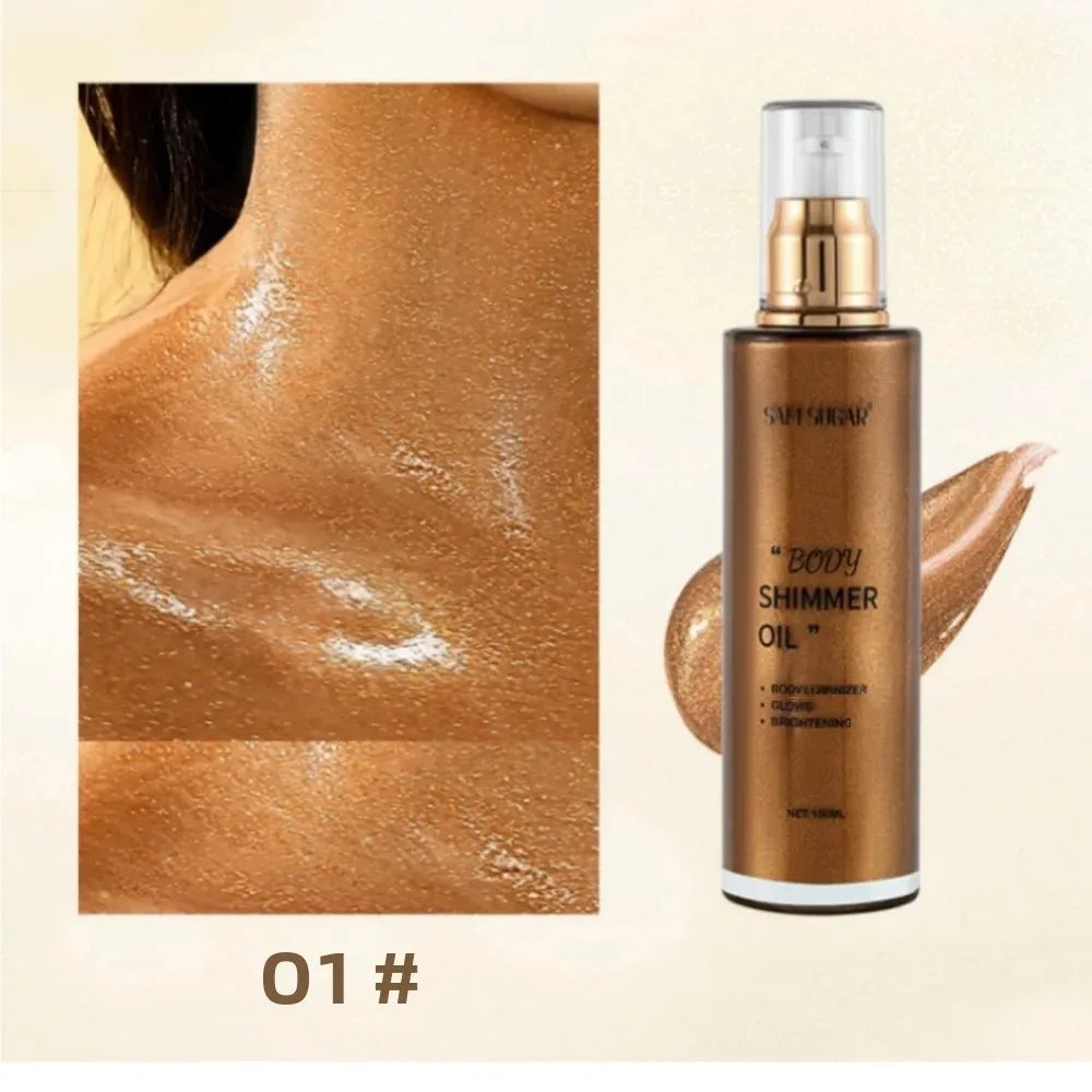 100ml Pearl Rose Gold Body Shimmer Oil Highlighter - Face Brighten Glitter Bronzer Skin Glow Illuminator Makeup Shine Liquid