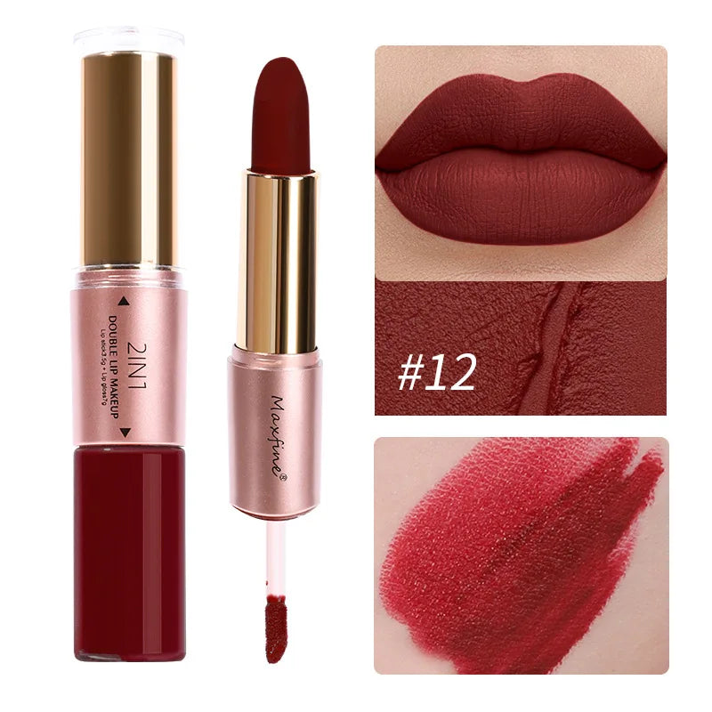 2 In 1 Matte Liquid Lipstick Long Lasting Color Moisturizing Waterproof Non Stick Cup