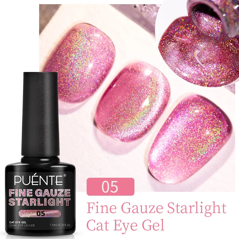 PUENTE 7.5ML Golden Gems Cat Magnetic Gel Nail Polish Pink Brown Blue Colors Golden Glitter Cat Eye Soak Off UV Nail Art Varnish