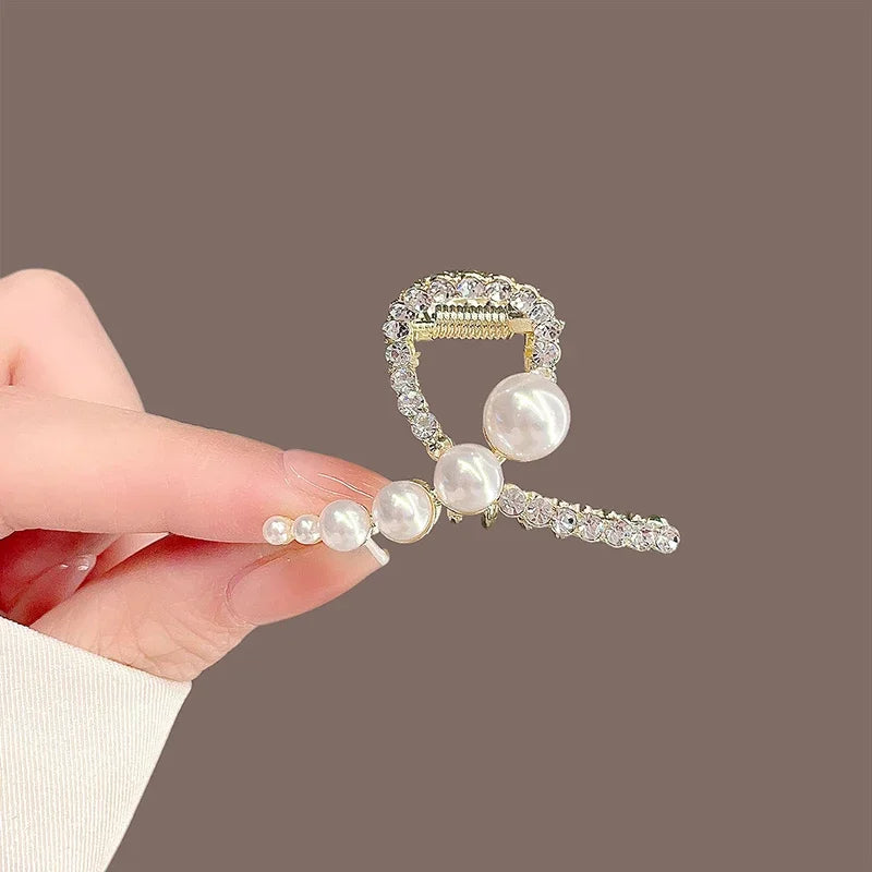 Temperament Pearls Rhinestone Geometric Cross Hair Claw High-end Women's Back of Head Half-tied Hair Grip Korean Style Hairpin