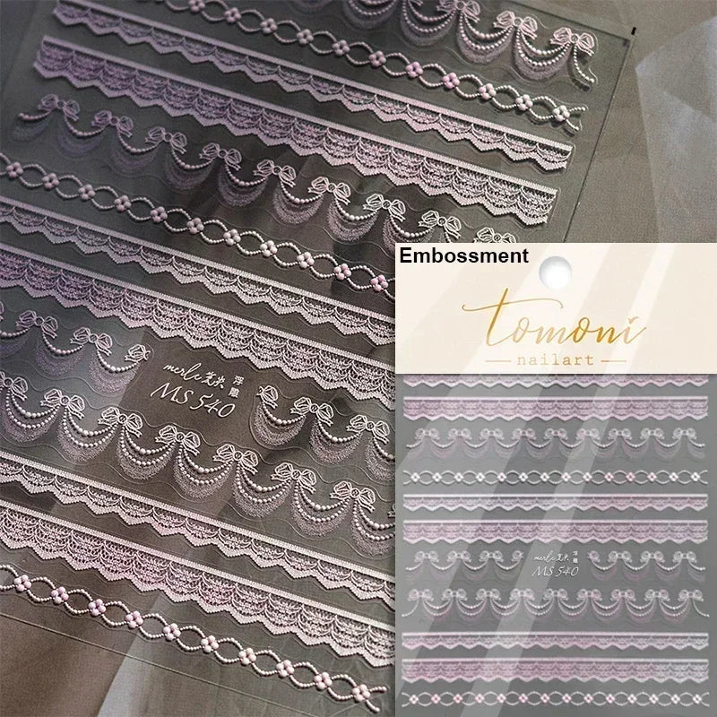 1pcs White 5D Pearl Lace Wave Lines Nail Art Stickers Elegant Exquisite Nail Decoration Decals DIY Self Adhesive Transfer Slider