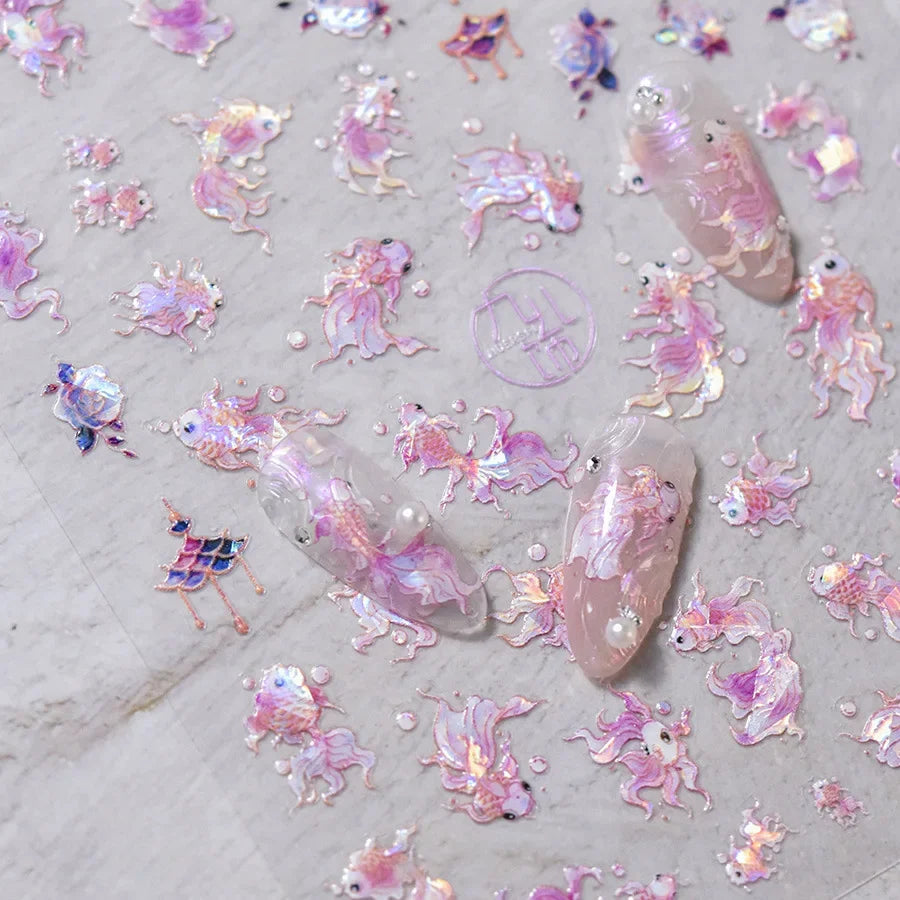 Magical Blow Bubbles Goldfish Bunny Rabbit Cat Kitten Shape Shiny Dreamy Bubbles 5D Nail Art Decorations Sticker Manicure Decal