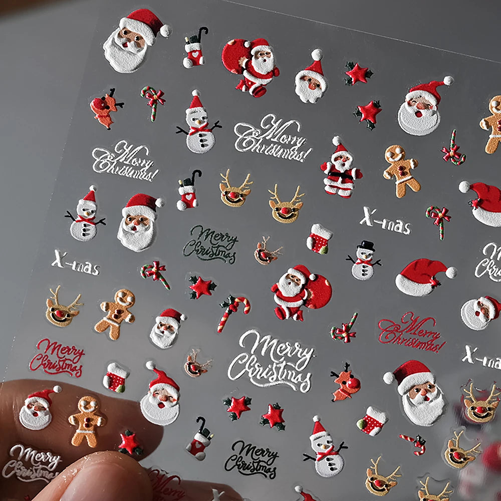 2pcs 5D Christmas Nail Stickers Waterfall Snowflakes Santa Claus Elk Gingerbread Nail Decals  Embossed Winter  Xmas Manicure Set