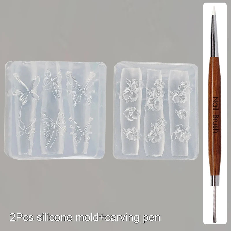 3D Silicone Flower Nail Carving Mold Acrylic Bowknot Floral Stamping Plate Nails Stencils Blossom DIY Clay Mold Nail Template