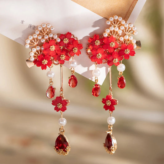 Red Glass Floral Hair Clips For Women Pearl Fringe Alloy Hairpins Vintage Wedding Hair Accessories Retro Crystal Alloy Barrettes