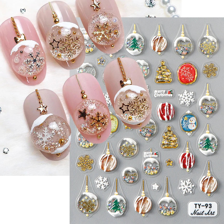 3D Winter Snowflakes Snow Globe Nail Sticker Cute Christmas Snowman Gold Star Nail Art Decals 5D Stickers Decorations Manicure