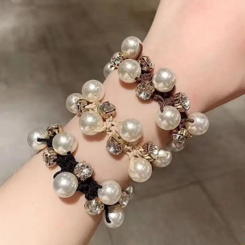 3Pcs Pearl Brimmed Hair Tie Glitter Rhinestone Decor Hair Rope Retro Style Scrunchies for Women