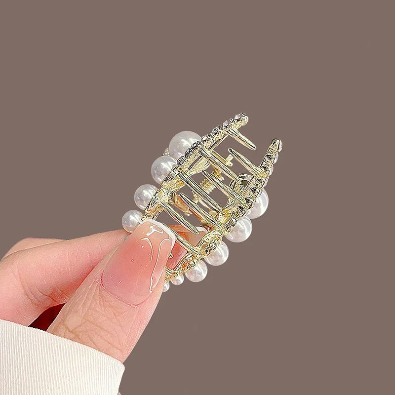 Temperament Pearls Rhinestone Geometric Cross Hair Claw High-end Women's Back of Head Half-tied Hair Grip Korean Style Hairpin