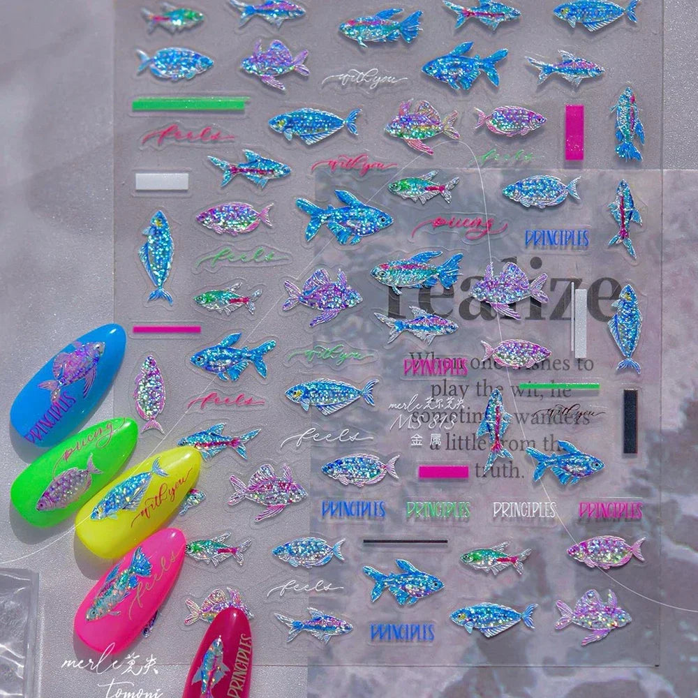 Magical Blow Bubbles Goldfish Bunny Rabbit Cat Kitten Shape Shiny Dreamy Bubbles 5D Nail Art Decorations Sticker Manicure Decal