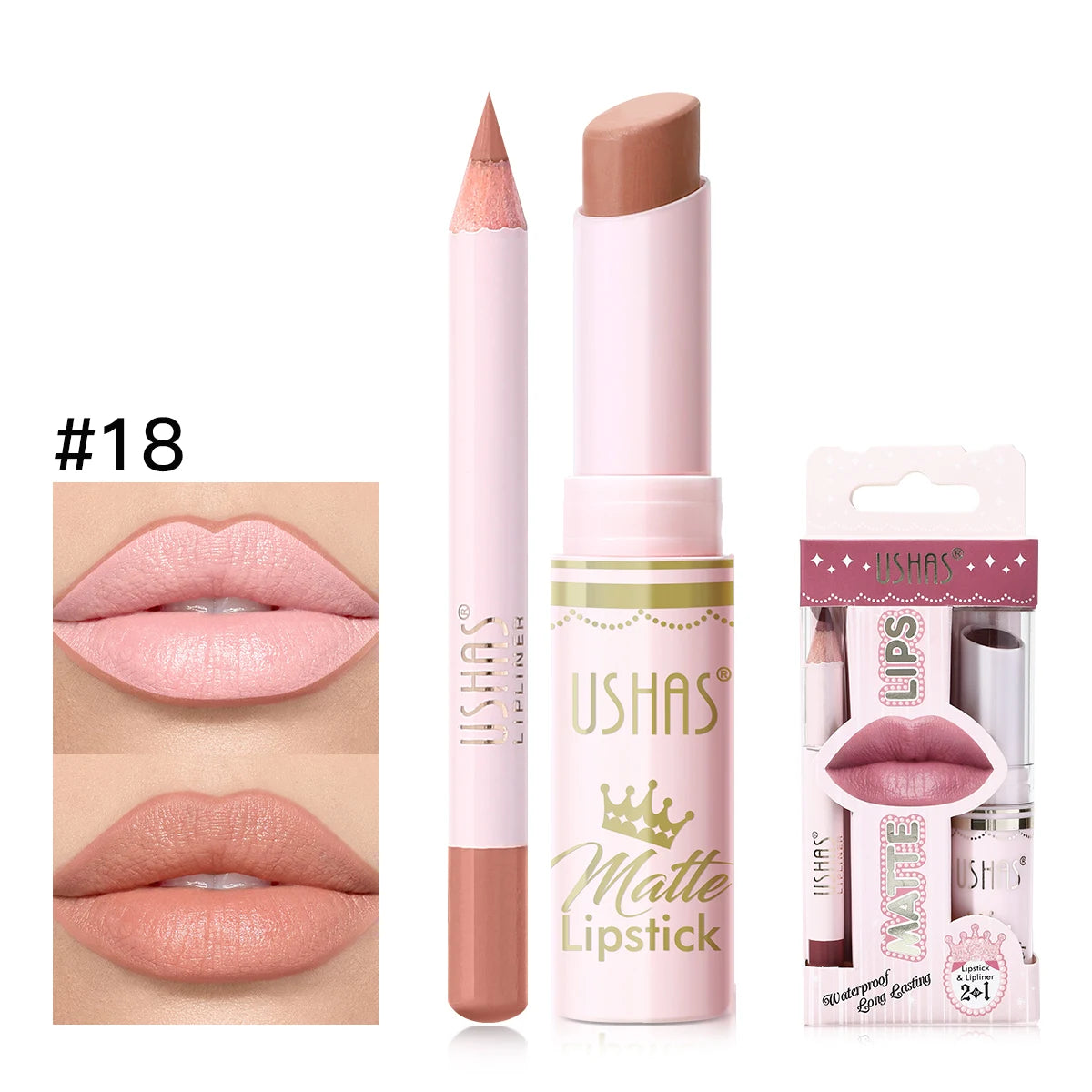 USHAS 2 In 1 Lipstick&Lip Liner Set, 18 Color Matte Nude Color Lipstick, Moisturizing and Long-Lasting, Perfect Lip Cosmetic