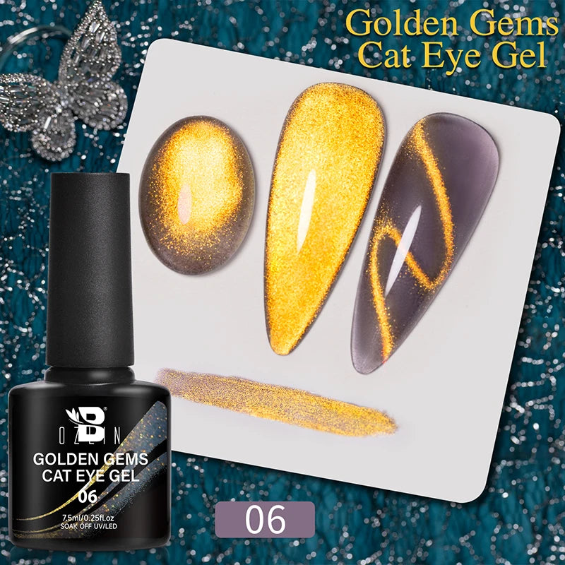 1- 6pc Golden Glitter Cat Magnetic Nail Gel Cat Eye Holographic Reflective Semi Permanent UV Gel Soak Off Sparkling Nail Art