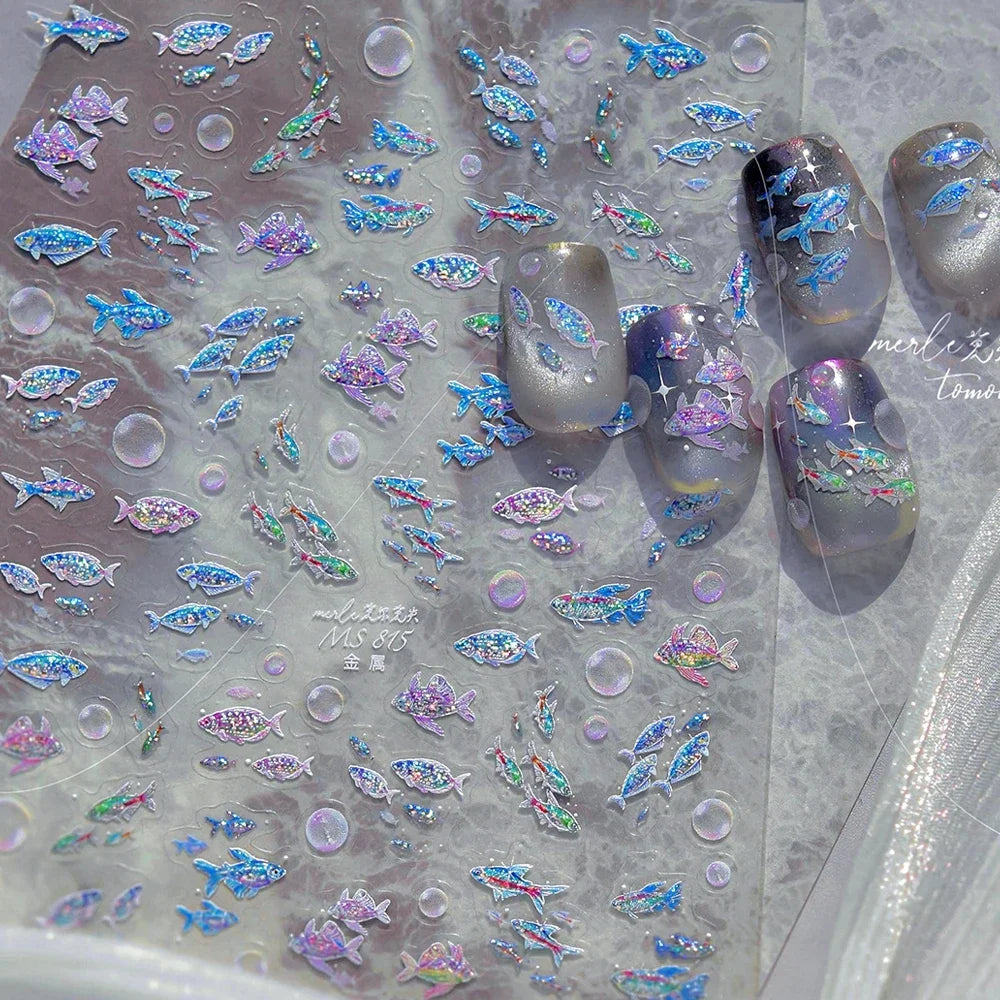 Magical Blow Bubbles Goldfish Bunny Rabbit Cat Kitten Shape Shiny Dreamy Bubbles 5D Nail Art Decorations Sticker Manicure Decal