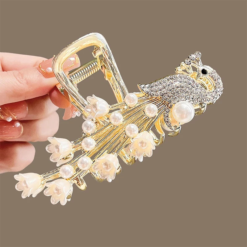 Rhinestone Tassel Hair Claw Golden Bow Flower Hair Clip Hairpin For Women Elegant Ponytail Fashion Hair Accessories