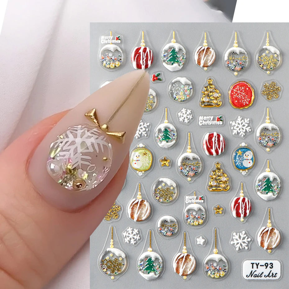 3D Winter Snowflakes Snow Globe Nail Sticker Cute Christmas Snowman Gold Star Nail Art Decals 5D Stickers Decorations Manicure