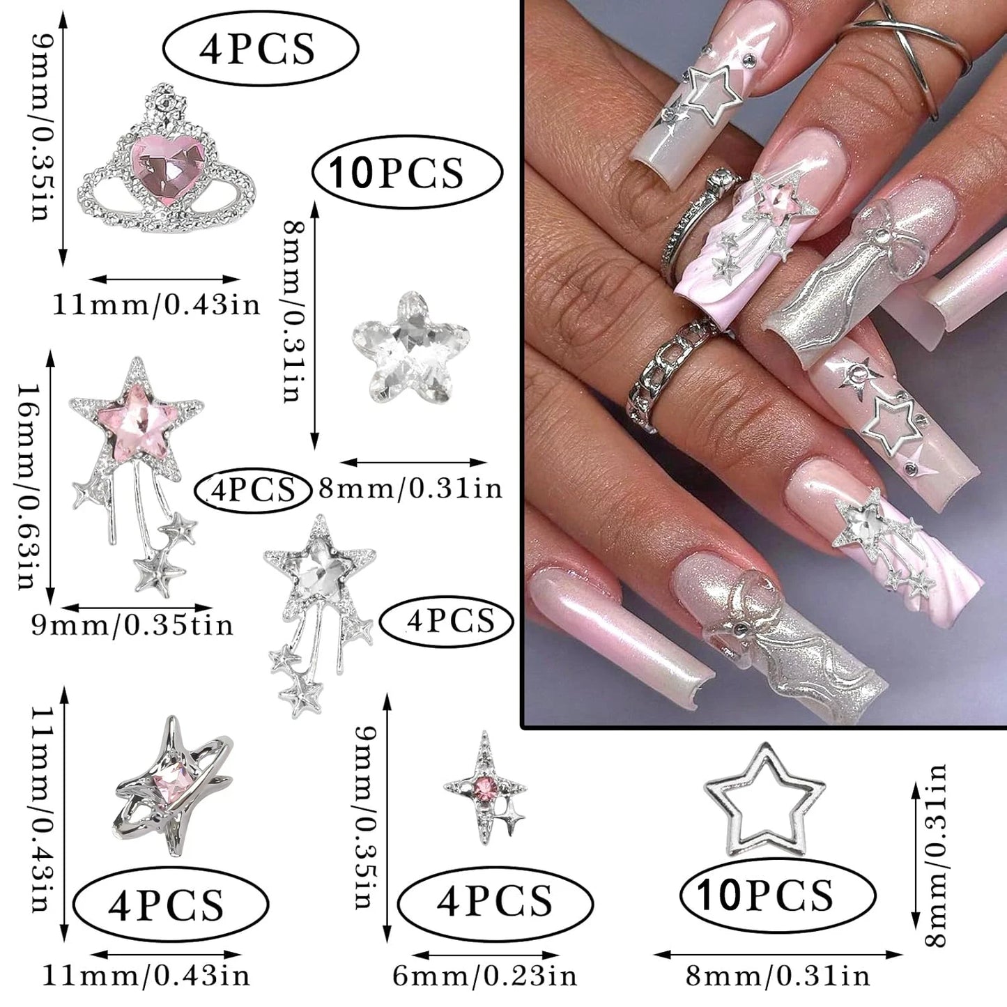 40PCS Star Nail Charms Silver 3D Star Charms Pink Nail Rhinestone Multi Style Nail Art Jewelry Dangle Stars Nail Decoration Y2K