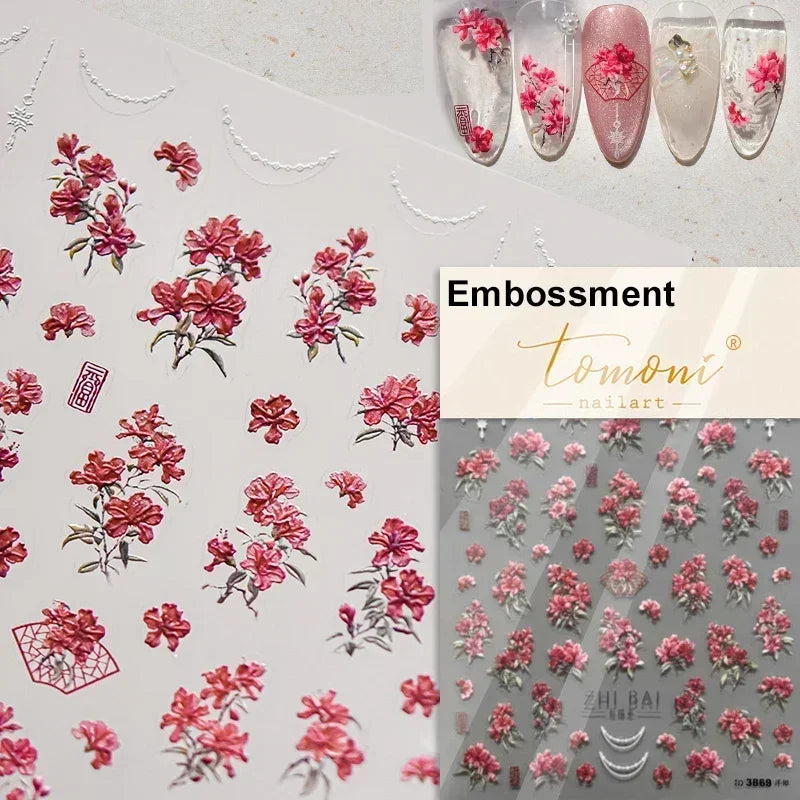 1piece 5Dcute tulip flower nail stickers high quality self-adhesive embossed nail art decals for girls summer decoration sticker