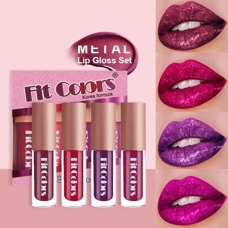 4Pcs/Set Metallic No-stick Cup Lip Gloss Pearly Diamond Fine Glitter Matte Moisturizing Waterproof Lip Glaze Liquid Lipstick Kit