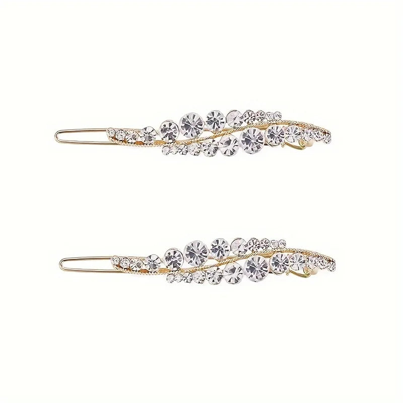2pcs Elegant Leaf Design Hair Clips – Faux Pearl & Rhinestone Barrettes, Golden-Tone Alloy Hair Accessories for Women,