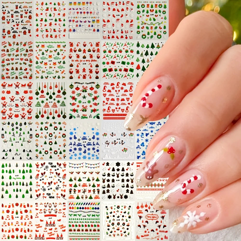 30pcs Festive Christmas Nail Art Stickers Set Self-Adhesive,Disposable Decals Reindeer Xmas Tree Designs Cute Semi-Matte Finish