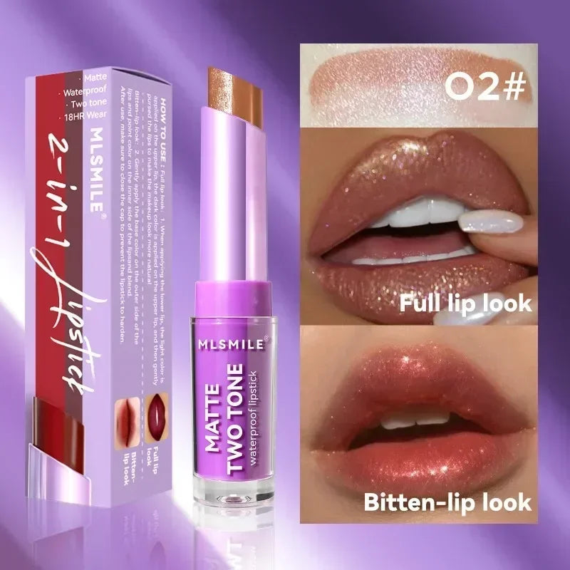 2 in 1 Matte Two Tone Waterproof Lipstick Long-lasting High-Pigment Color Lipliner Lipsticks Bitten-lip Gradual Change Lip Color